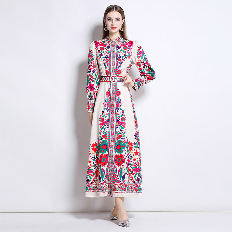 CM-DY047977 Women Elegant European Style Floral Print Collar Neckline Long Sleeve Single-Breasted Maxi Dress