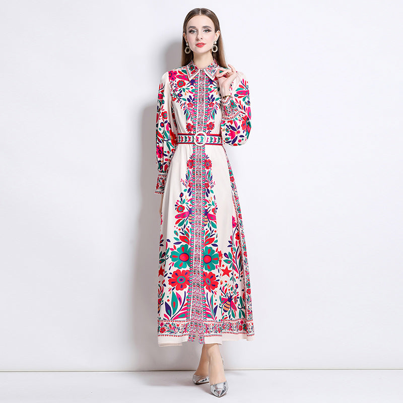 CM-DY047977 Women Elegant European Style Floral Print Collar Neckline Long Sleeve Single-Breasted Maxi Dress