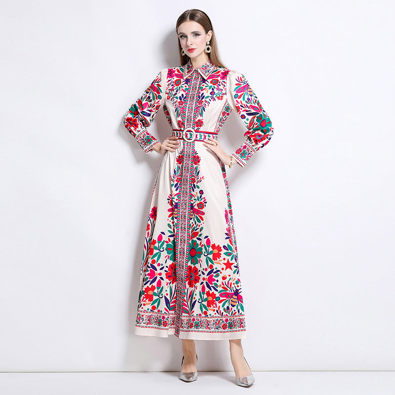 CM-DY047977 Women Elegant European Style Floral Print Collar Neckline Long Sleeve Single-Breasted Maxi Dress