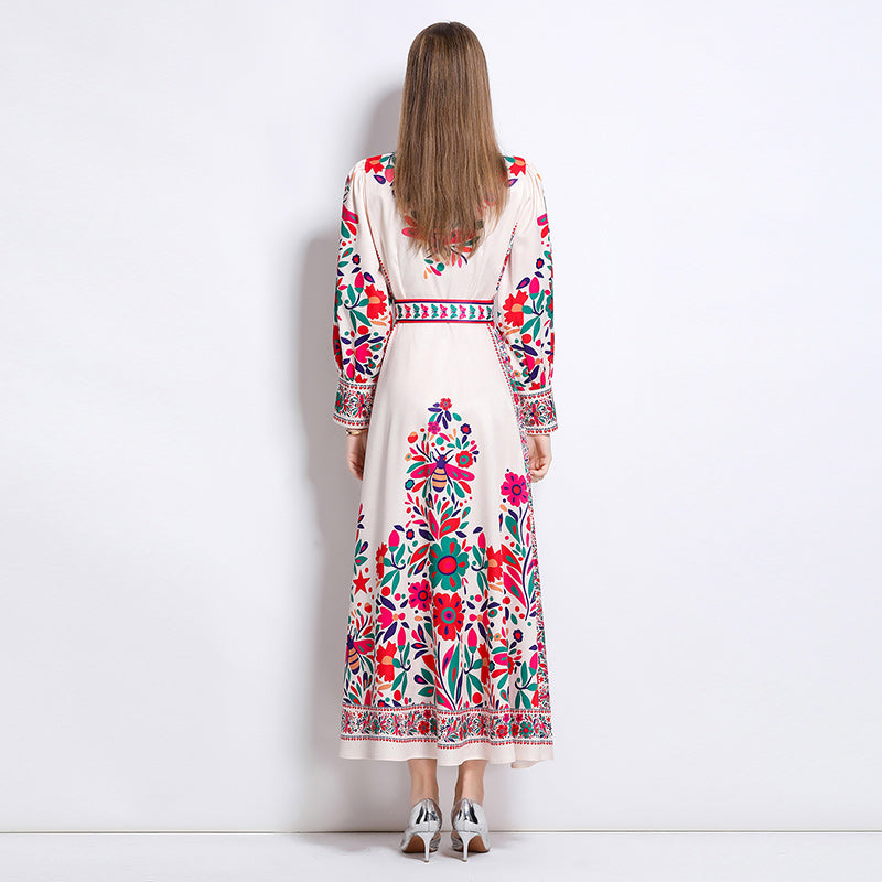 CM-DY047977 Women Elegant European Style Floral Print Collar Neckline Long Sleeve Single-Breasted Maxi Dress
