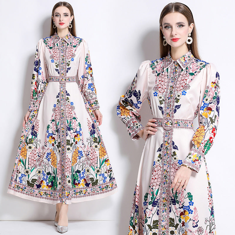 CM-DY047978 Women Elegant European Style Floral Print Collar Neckline Long Sleeve Single-Breasted Maxi Dress
