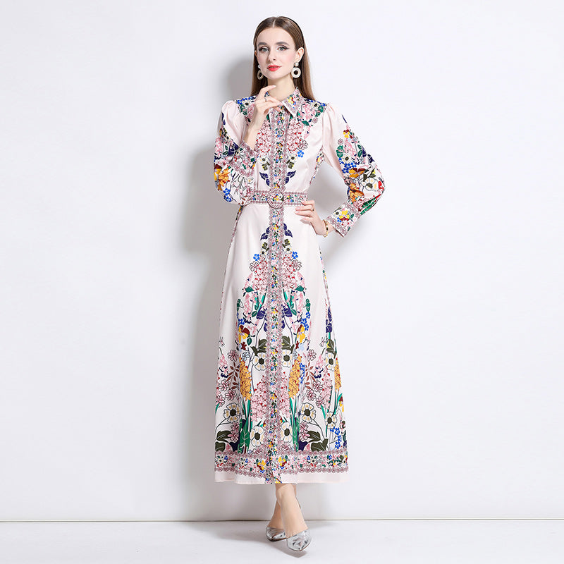 CM-DY047978 Women Elegant European Style Floral Print Collar Neckline Long Sleeve Single-Breasted Maxi Dress