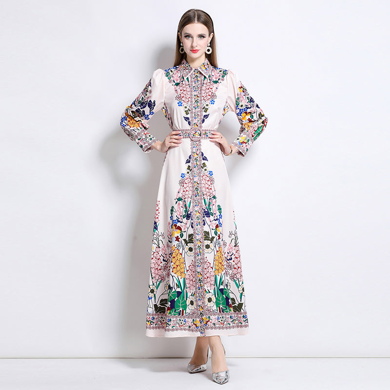 CM-DY047978 Women Elegant European Style Floral Print Collar Neckline Long Sleeve Single-Breasted Maxi Dress
