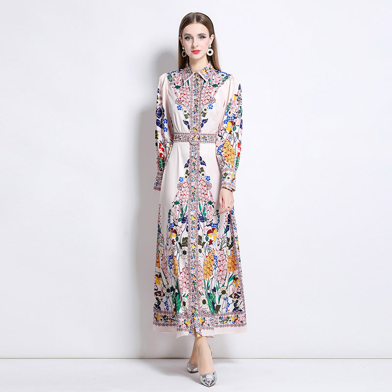 CM-DY047978 Women Elegant European Style Floral Print Collar Neckline Long Sleeve Single-Breasted Maxi Dress