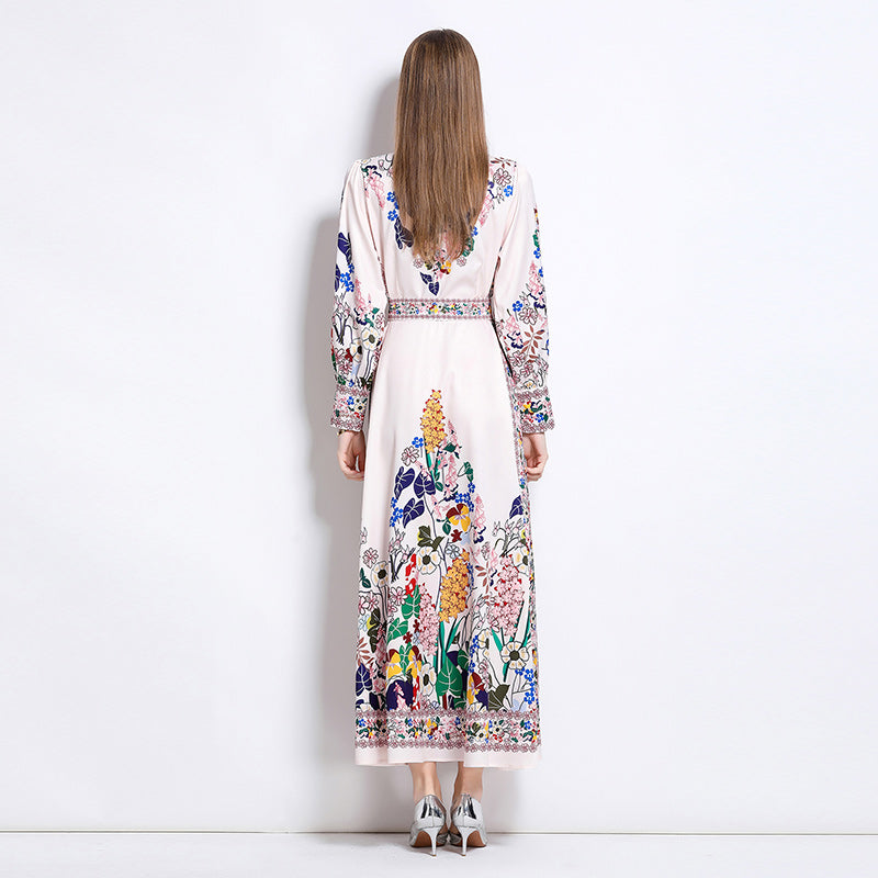 CM-DY047978 Women Elegant European Style Floral Print Collar Neckline Long Sleeve Single-Breasted Maxi Dress