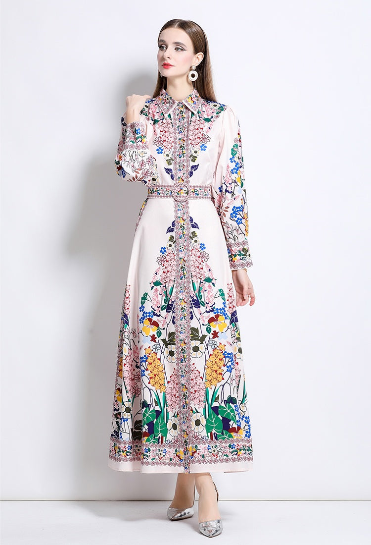 CM-DY047978 Women Elegant European Style Floral Print Collar Neckline Long Sleeve Single-Breasted Maxi Dress
