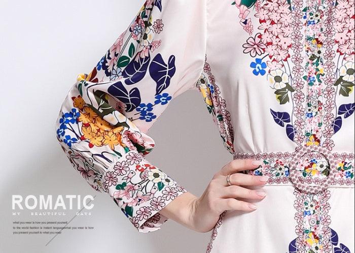CM-DY047978 Women Elegant European Style Floral Print Collar Neckline Long Sleeve Single-Breasted Maxi Dress