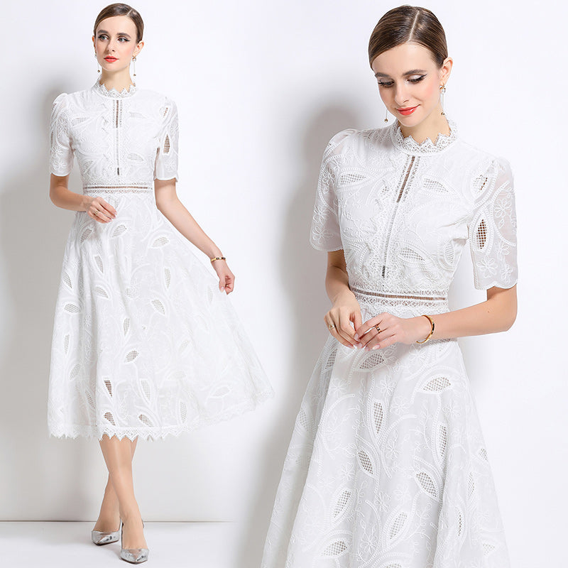 CM-DY047986 Women Elegant European Style Stand Collar Short Sleeve Long Crochet Dress - White