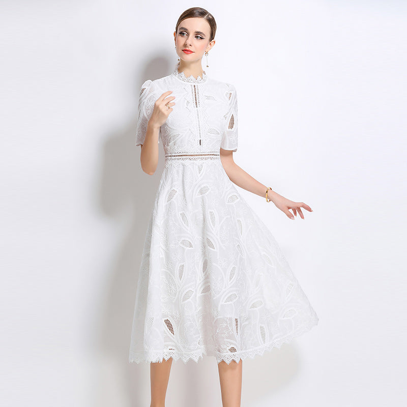 CM-DY047986 Women Elegant European Style Stand Collar Short Sleeve Long Crochet Dress - White