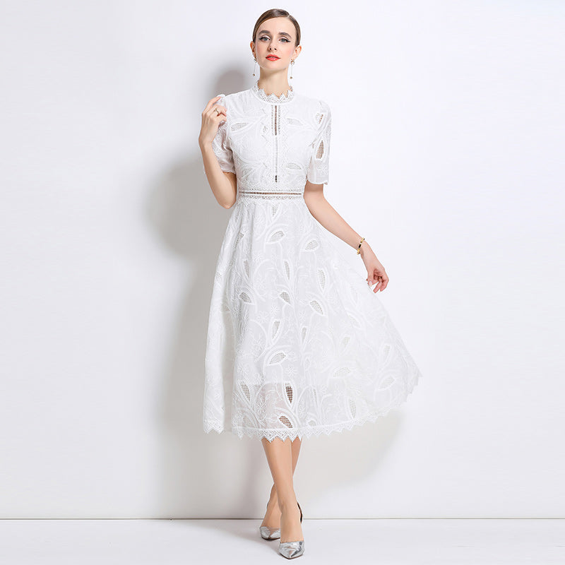 CM-DY047986 Women Elegant European Style Stand Collar Short Sleeve Long Crochet Dress - White