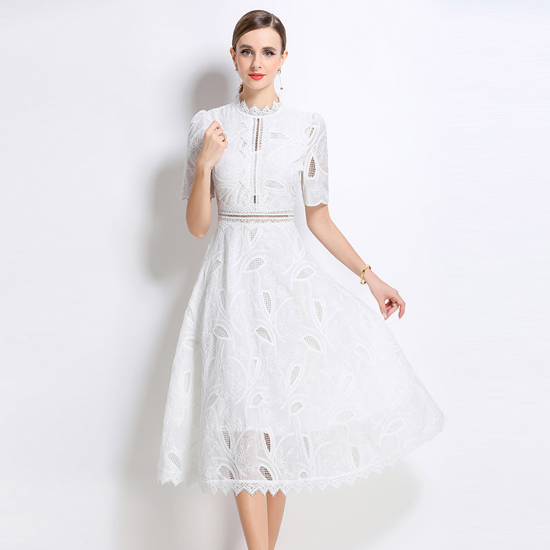 CM-DY047986 Women Elegant European Style Stand Collar Short Sleeve Long Crochet Dress - White