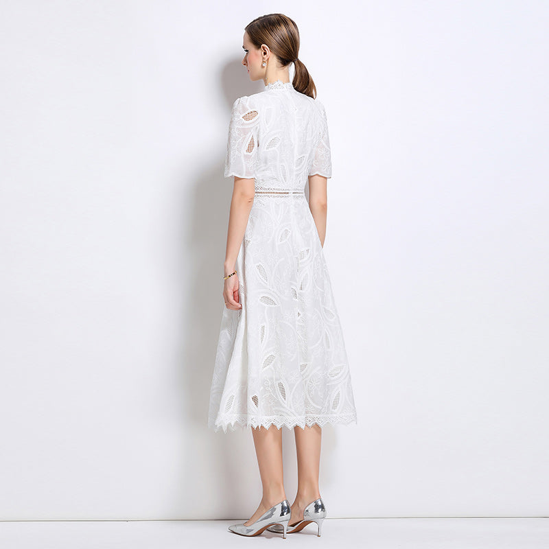 CM-DY047986 Women Elegant European Style Stand Collar Short Sleeve Long Crochet Dress - White