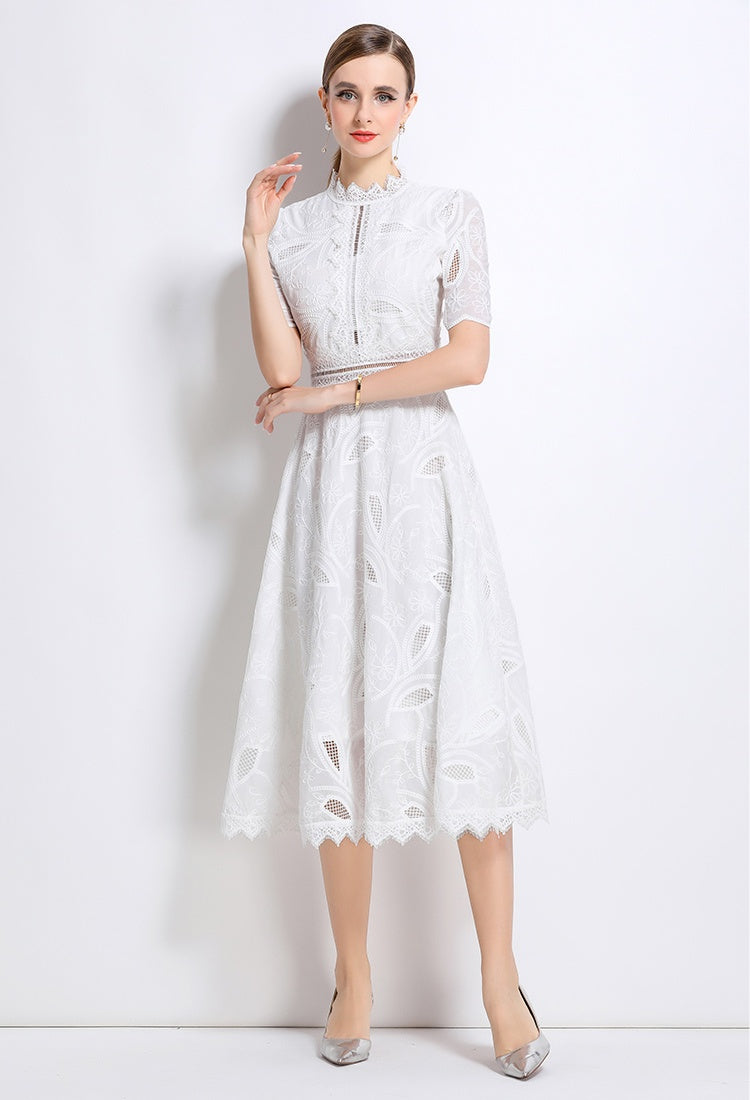CM-DY047986 Women Elegant European Style Stand Collar Short Sleeve Long Crochet Dress - White