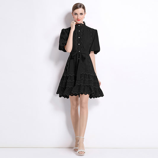 CM-DY048038 Women Elegant European Style Lace Stand Collar Puff Sleeve Mini Dress - Black