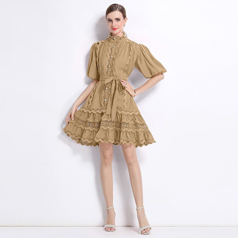 CM-DY048038 Women Elegant European Style Lace Stand Collar Puff Sleeve Mini Dress - Khaki