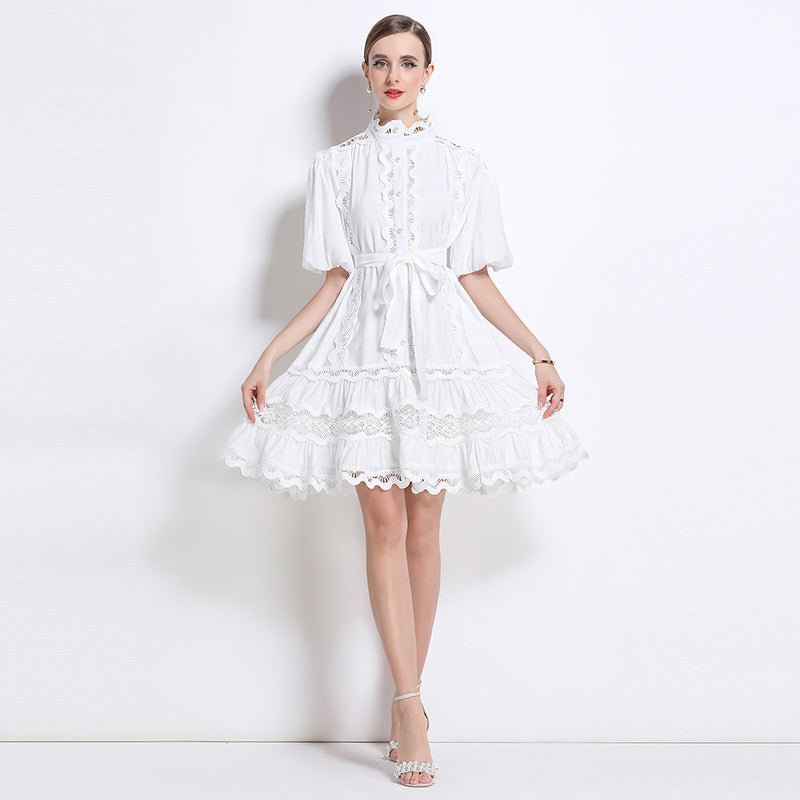 CM-DY048038 Women Elegant European Style Lace Stand Collar Puff Sleeve Mini Dress - White