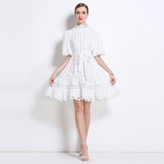 CM-DY048038 Women Elegant European Style Lace Stand Collar Puff Sleeve Mini Dress - White
