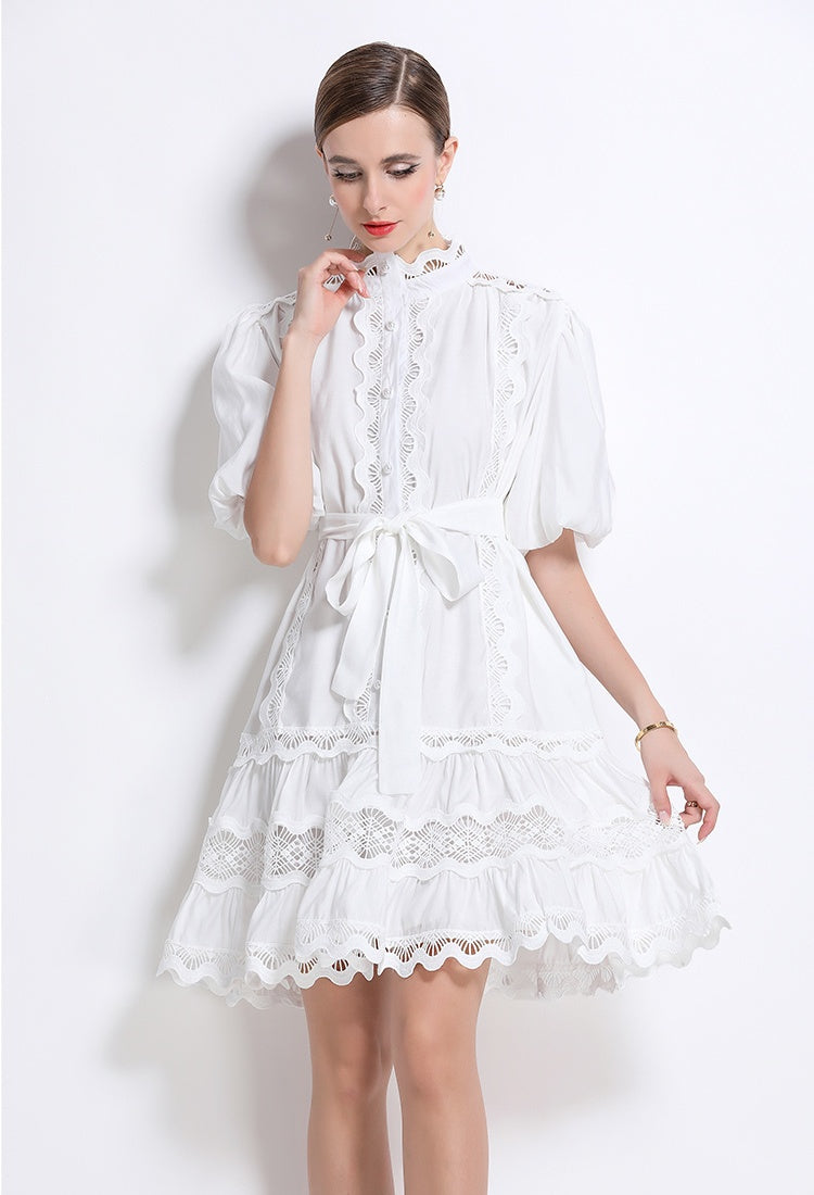 CM-DY048038 Women Elegant European Style Lace Stand Collar Puff Sleeve Mini Dress - White