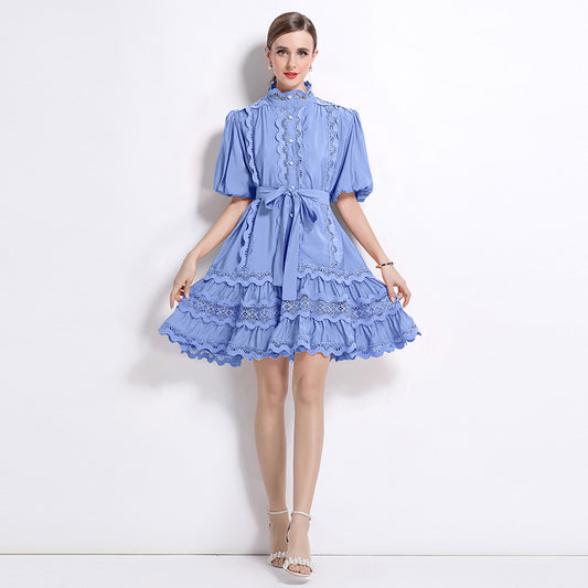 CM-DY048038 Women Elegant European Style Lace Stand Collar Puff Sleeve Mini Dress - Blue