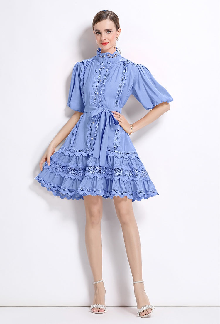 CM-DY048038 Women Elegant European Style Lace Stand Collar Puff Sleeve Mini Dress - Blue