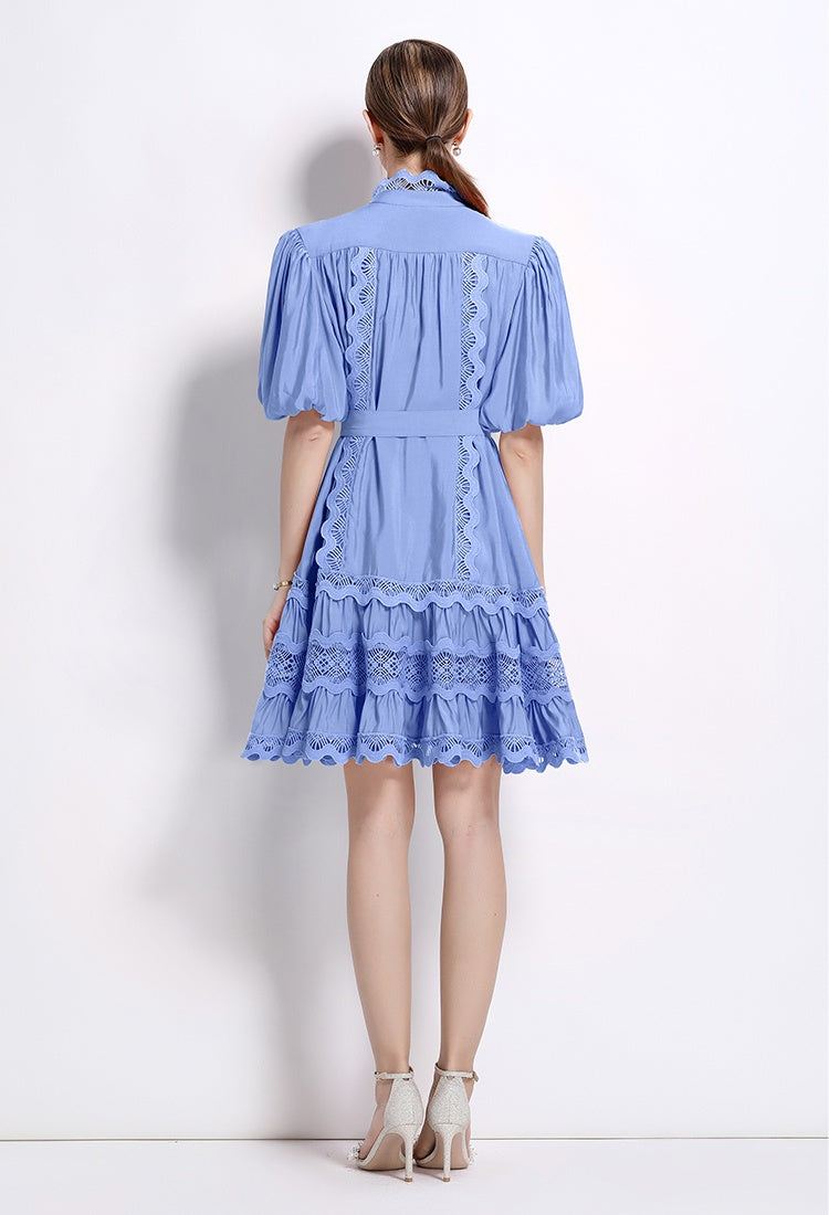 CM-DY048038 Women Elegant European Style Lace Stand Collar Puff Sleeve Mini Dress - Blue