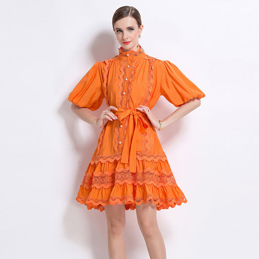 CM-DY048038 Women Elegant European Style Lace Stand Collar Puff Sleeve Mini Dress - Orange