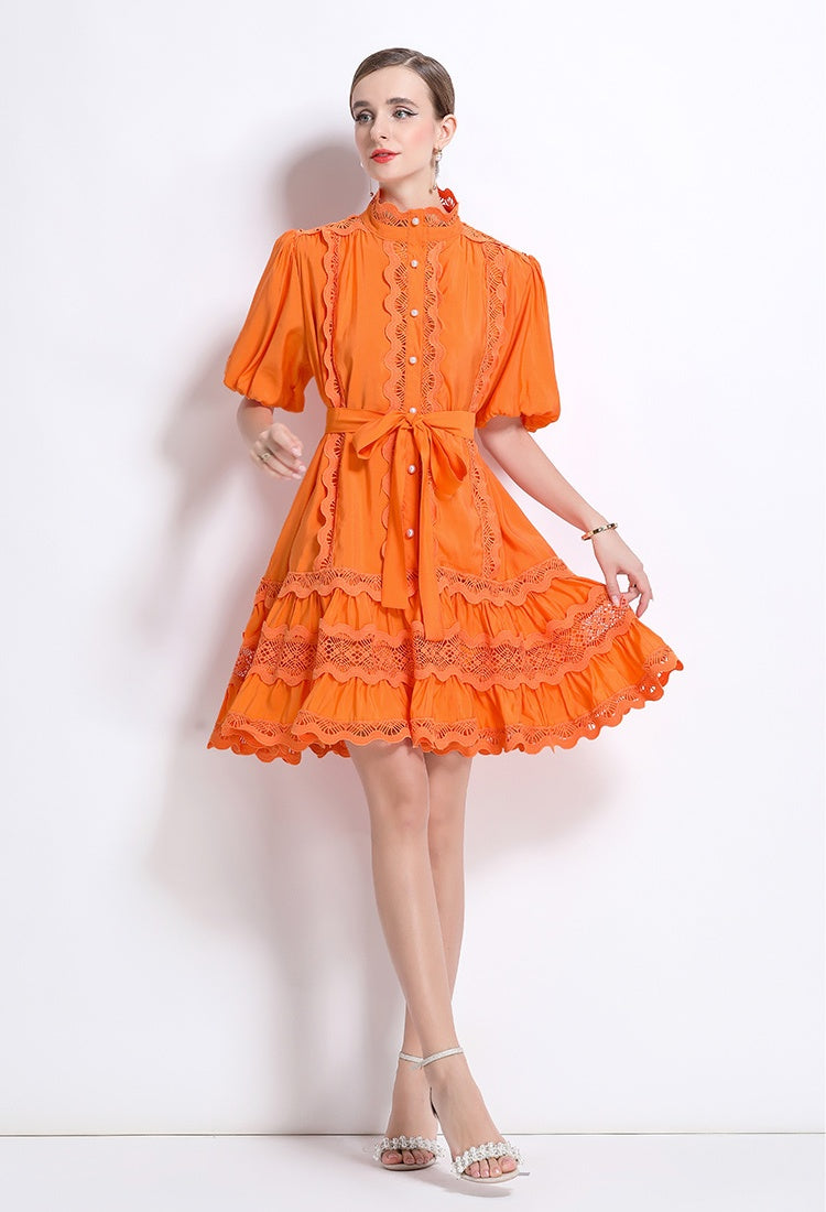 CM-DY048038 Women Elegant European Style Lace Stand Collar Puff Sleeve Mini Dress - Orange