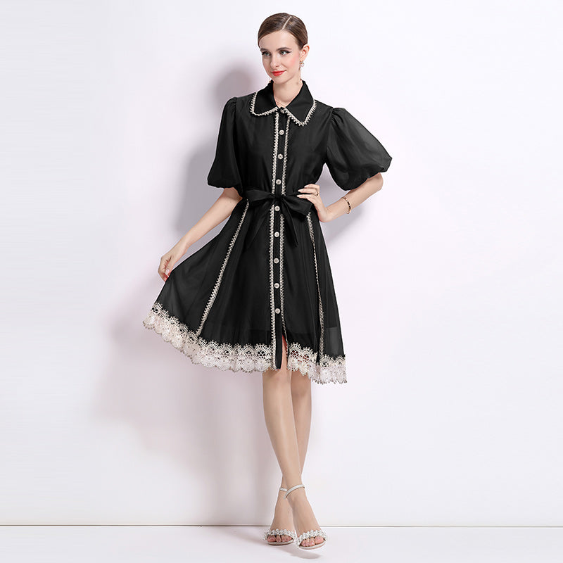CM-DY048039 Women Elegant European Style Lace Collar Neckline Puff Sleeve Single-Breasted Mini Dress - Black
