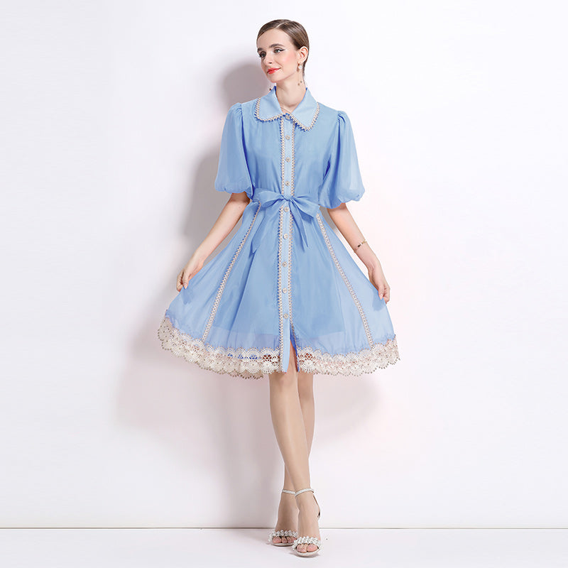 CM-DY048039 Women Elegant European Style Lace Collar Neckline Puff Sleeve Single-Breasted Mini Dress - Light Blue