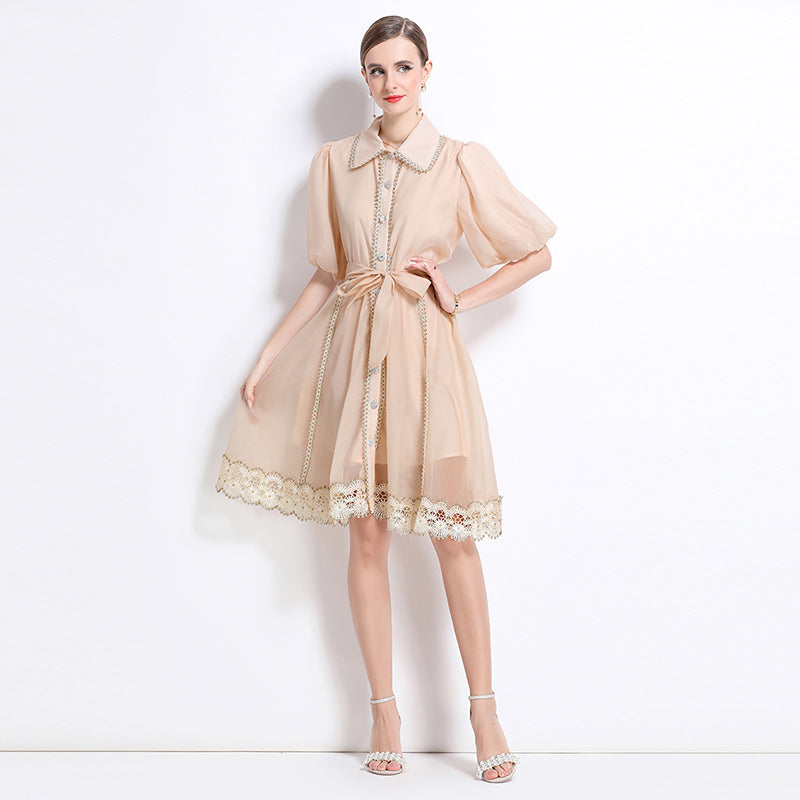CM-DY048039 Women Elegant European Style Lace Collar Neckline Puff Sleeve Single-Breasted Mini Dress - Beige