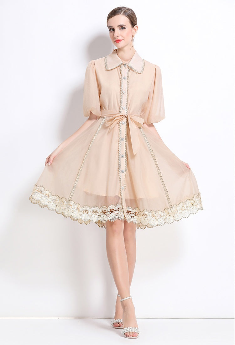 CM-DY048039 Women Elegant European Style Lace Collar Neckline Puff Sleeve Single-Breasted Mini Dress - Beige