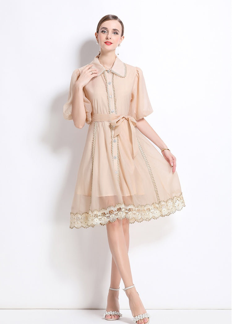 CM-DY048039 Women Elegant European Style Lace Collar Neckline Puff Sleeve Single-Breasted Mini Dress - Beige