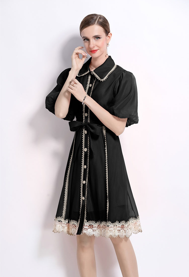 CM-DY048039 Women Elegant European Style Lace Collar Neckline Puff Sleeve Single-Breasted Mini Dress - Black