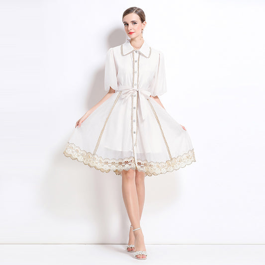CM-DY048039 Women Elegant European Style Lace Collar Neckline Puff Sleeve Single-Breasted Mini Dress - White