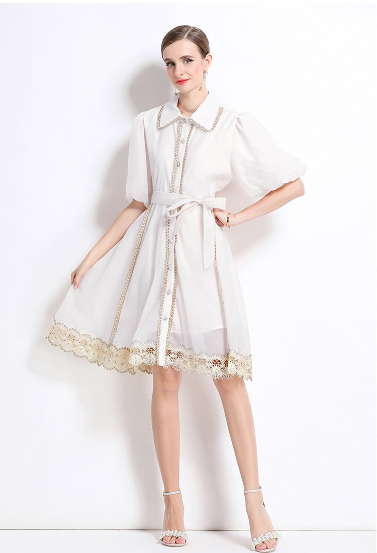 CM-DY048039 Women Elegant European Style Lace Collar Neckline Puff Sleeve Single-Breasted Mini Dress - White