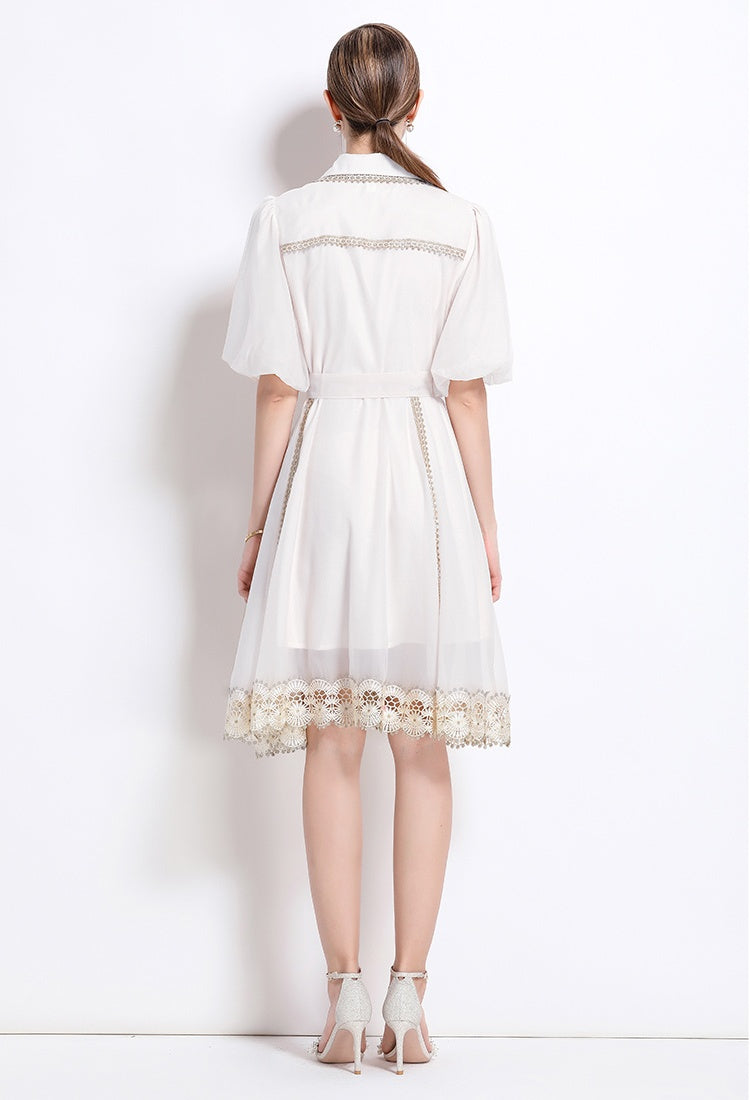 CM-DY048039 Women Elegant European Style Lace Collar Neckline Puff Sleeve Single-Breasted Mini Dress - White