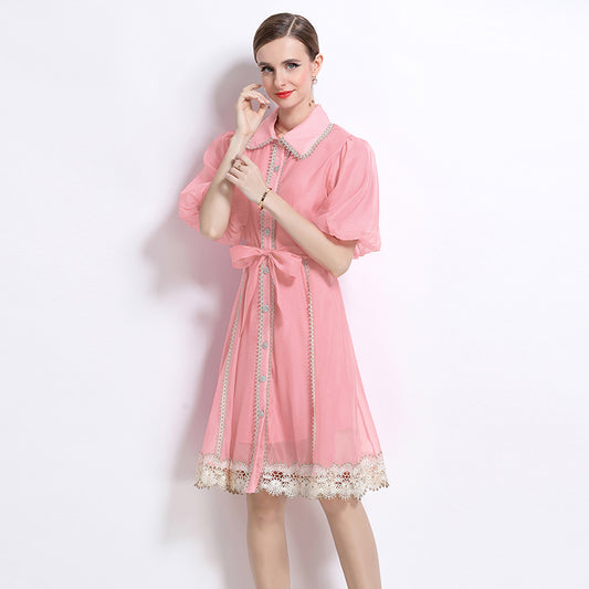 CM-DY048039 Women Elegant European Style Lace Collar Neckline Puff Sleeve Single-Breasted Mini Dress - Pink