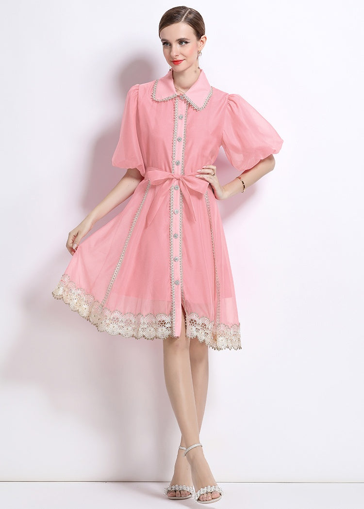 CM-DY048039 Women Elegant European Style Lace Collar Neckline Puff Sleeve Single-Breasted Mini Dress - Pink