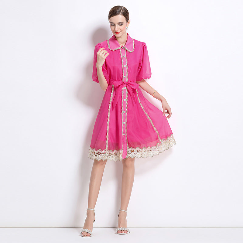 CM-DY048039 Women Elegant European Style Lace Collar Neckline Puff Sleeve Single-Breasted Mini Dress - Rose Red