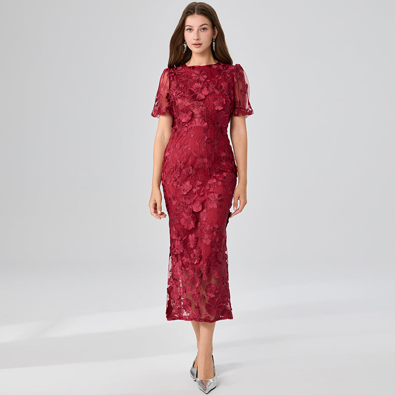 CM-DY048041 Women Elegant European Style Round Neck Puff Sleeve Mermaid Dress - Red
