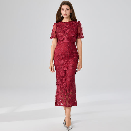 CM-DY048041 Women Elegant European Style Round Neck Puff Sleeve Mermaid Dress - Red