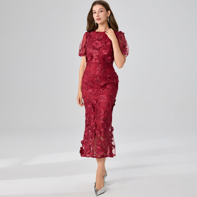 CM-DY048041 Women Elegant European Style Round Neck Puff Sleeve Mermaid Dress - Red
