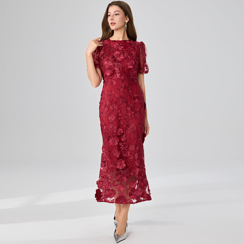 CM-DY048041 Women Elegant European Style Round Neck Puff Sleeve Mermaid Dress - Red