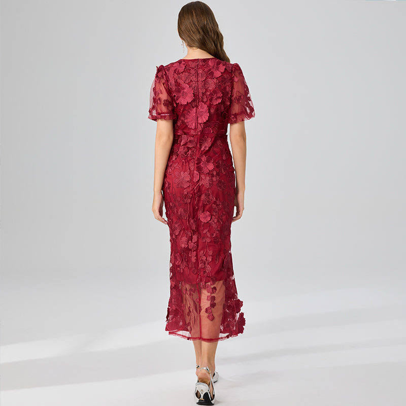 CM-DY048041 Women Elegant European Style Round Neck Puff Sleeve Mermaid Dress - Red