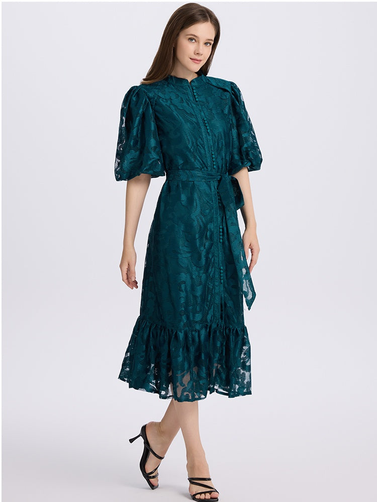 CM-DY048042 Women Elegant European Style Lace Round Neck Short Sleeve Loose Midi Dress