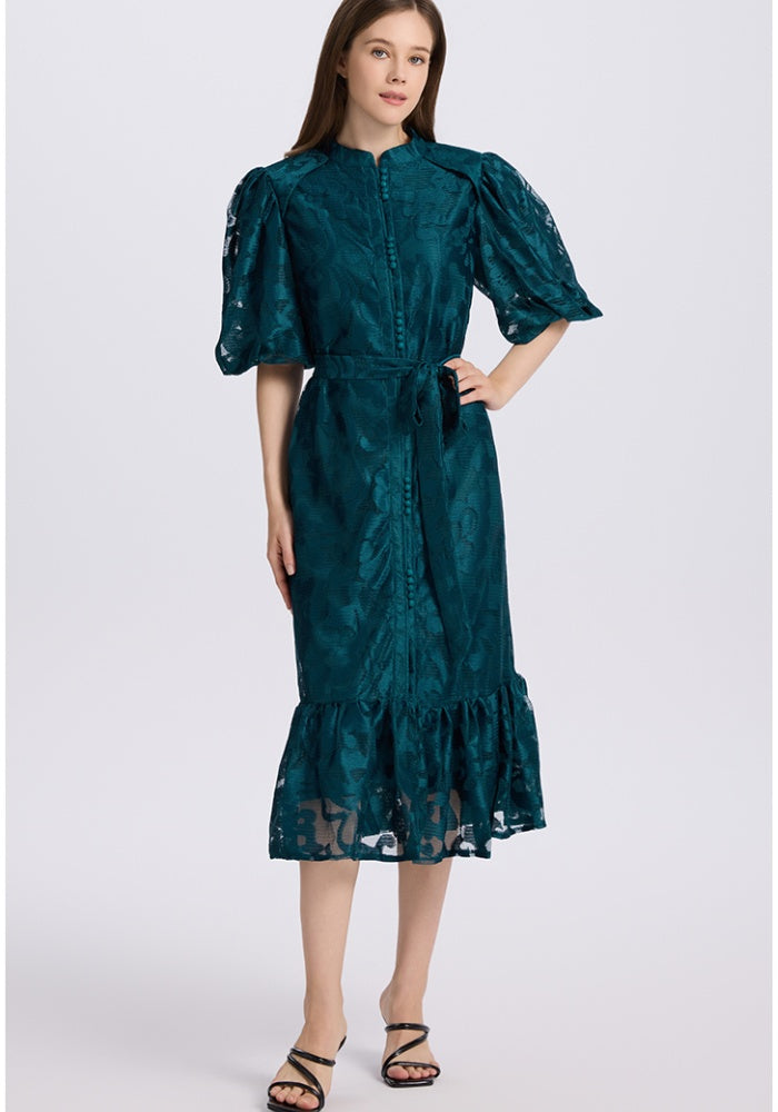 CM-DY048042 Women Elegant European Style Lace Round Neck Short Sleeve Loose Midi Dress