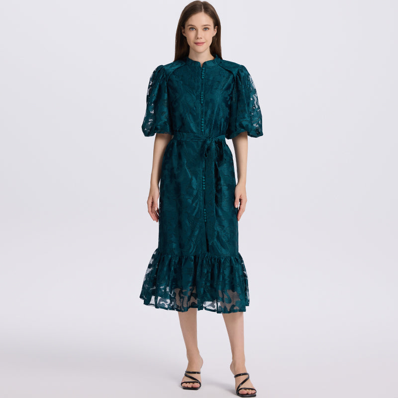 CM-DY048042 Women Elegant European Style Lace Round Neck Short Sleeve Loose Midi Dress