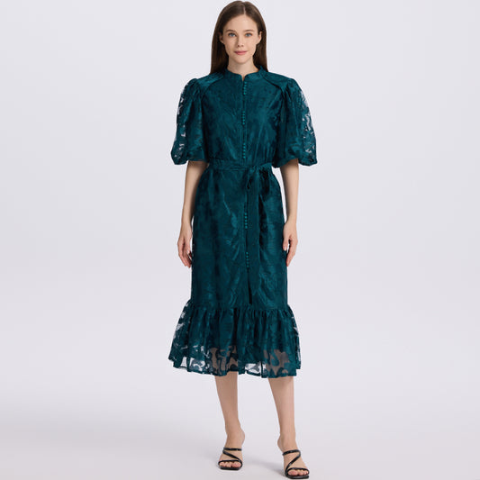 CM-DY048042 Women Elegant European Style Lace Round Neck Short Sleeve Loose Midi Dress