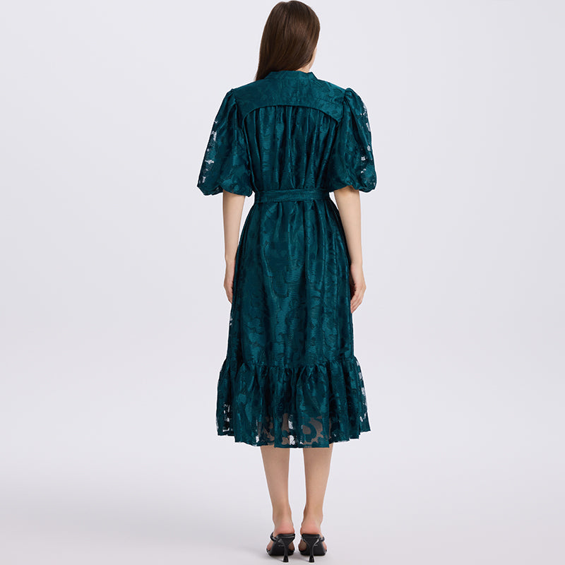 CM-DY048042 Women Elegant European Style Lace Round Neck Short Sleeve Loose Midi Dress