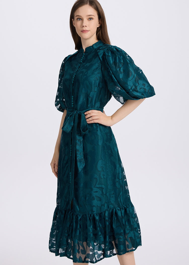 CM-DY048042 Women Elegant European Style Lace Round Neck Short Sleeve Loose Midi Dress